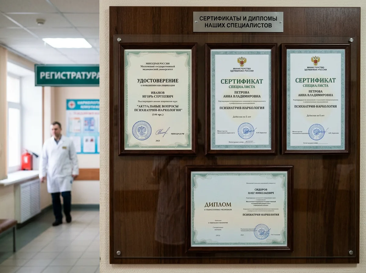 Сертификаты специалистов врачей наркологов клиники о подтверждении квалификации и повышении квалификации по специальности психиатрия-наркология, официальные документы Минздрава